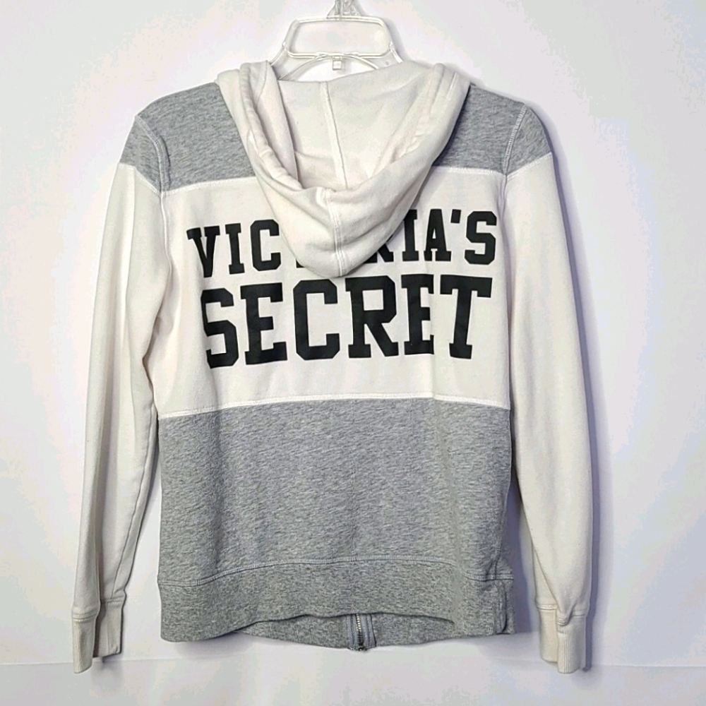 Victoria Secret zip up hooded hoodie gray white sweatshirt Medium